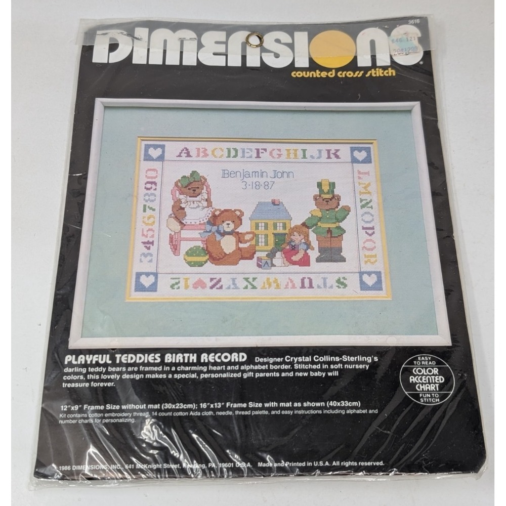 Vintage Dimensions Playful Teddies Birth Record Counted Cross Stitch Kit #3616